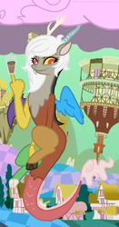 Size: 1114x2126 | Tagged: dead source, safe, artist:jaquelindreamz, discord, draconequus, g4, chaos, chocolate milk, cloud, cotton candy, cotton candy cloud, discorded landscape, eris, food, green sky, ponyville town hall, rule 63, solo