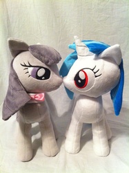 Size: 1936x2592 | Tagged: safe, artist:planetplush, dj pon-3, octavia melody, vinyl scratch, pony, g4, female, implied lesbian, implied scratchtavia, implied shipping, irl, lesbian, nuzzling, photo, plushie, ship:scratchtavia, shipping