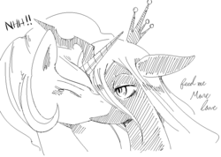 Size: 800x570 | Tagged: source needed, safe, artist:japananon, artist:昔の傷口, princess celestia, queen chrysalis, alicorn, changeling, changeling queen, pony, g4, duo, female, kiss on the lips, kissing, lesbian, monochrome, ship:chryslestia, shipping, sketch