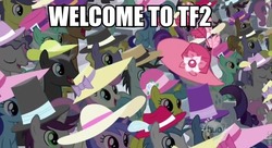 Size: 844x459 | Tagged: safe, edit, edited screencap, screencap, lemon hearts, lyra heartstrings, minuette, rarity, sea swirl, seafoam, twinkleshine, g4, sweet and elite, hat, hub logo, image macro, team fortress 2