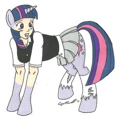 Size: 889x898 | Tagged: safe, artist:cqmorrell, twilight sparkle, g4, blouse, blush lines, blushing, button-up shirt, clothes, female, gritted teeth, horn, human to pony, light skin, looking at self, mid-transformation, pleated skirt, raised leg, ripping clothes, shocked, signature, simple background, skirt, socks, solo, teeth, traditional art, transformation, vest, what has science done
