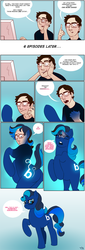 Size: 800x2353 | Tagged: safe, artist:blackshirtboy, oc, oc only, human, pony, unicorn, brony, comic, dialogue, female, glasses, glowing cutie mark, gradient background, horn, human male, human to pony, male, male to female, mare, open mouth, rule 63, speech bubble, transformation, transgender transformation