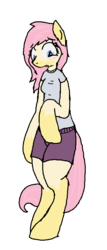 Size: 332x773 | Tagged: safe, artist:kaykay430, fluttershy, anthro, g4, blushing, clothes, female, human to pony, light skin, looking down, mid-transformation, open mouth, solo, transformation