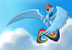 Size: 1468x1029 | Tagged: safe, artist:underpable, rainbow dash, pony, g4, cloud, cloudy, female, flying, sky, solo