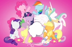 Size: 548x356 | Tagged: safe, applejack, fluttershy, pinkie pie, princess celestia, rainbow dash, rarity, spike, twilight sparkle, g4, blankface, mane six, mane six opening poses, my little pony logo