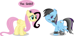 Size: 8555x4163 | Tagged: safe, artist:psyxofthoros, fluttershy, rainbow dash, pegasus, pony, g4, absurd resolution, black lipstick, choker, clothes, dialogue, duo, duo female, ear piercing, earring, eyes closed, eyeshadow, facehoof, female, fluttergoth, frown, goth, gritted teeth, it's a phase, jewelry, leather, lipstick, makeup, mare, piercing, rainbow goth, simple background, socks, spiked choker, spiked wristband, spread wings, striped socks, teeth, transparent background, wings, wristband