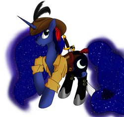 Size: 3367x3173 | Tagged: safe, artist:playfulpossum, princess luna, pony, g4, bicorne, boots, clothes, feather, female, hat, high res, looking at you, open mouth, pirate, raised hoof, simple background, solo, sword, weapon, white background