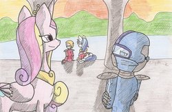 Size: 900x585 | Tagged: safe, artist:taibu-chan, princess cadance, shining armor, g4, bionicle, crossover, hahli, jaller, lego, voice actor joke