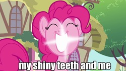 Size: 960x540 | Tagged: safe, edit, edited screencap, screencap, pinkie pie, a friend in deed, g4, chip skylark, cleanest teeth in equestria, image macro, my shiny teeth and me, song, teeth, the fairly oddparents