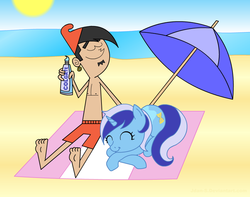 Size: 825x650 | Tagged: safe, artist:jdan-s, minuette, human, pony, unicorn, g4, barefoot, beach, chip skylark, crossover, eyes closed, feet, female, implied shipping, implied straight, male, smiling, toothpaste, umbrella