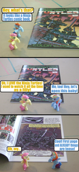 Size: 602x1296 | Tagged: safe, artist:death-driver-5000, idw, fluttershy, rainbow dash, g4, comic, comic book, dialogue, teenage mutant ninja turtles, text