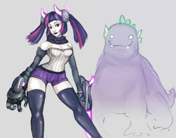 Size: 900x704 | Tagged: safe, artist:miokillerwinx, spike, twilight sparkle, g4, humanized, pigtails, weapon