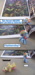 Size: 602x1296 | Tagged: safe, artist:death-driver-5000, idw, fluttershy, rainbow dash, g4, comic, comic book, dialogue, donatello, leonardo, michelangelo, raphael, teenage mutant ninja turtles, text