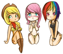 Size: 570x486 | Tagged: safe, artist:mewmewkittenfire, applejack, fluttershy, rainbow dash, human, g4, belly button, blushing, bra, cleavage, clothes, cutie mark, cutie mark underwear, embarrassed, female, humanized, panties, tank top, underwear