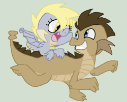 Size: 698x562 | Tagged: dead source, safe, artist:daeternal, artist:gikima, derpy hooves, doctor whooves, time turner, dragon, g4, cute, dragonified, duo, looking at each other, simple background, smiling, smiling at each other, species swap