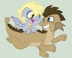 Size: 698x562 | Tagged: dead source, safe, artist:daeternal, artist:gikima, derpy hooves, doctor whooves, time turner, dragon, g4, cute, derpydragon, dragonified, duo, looking at each other, simple background, smiling, smiling at each other, species swap