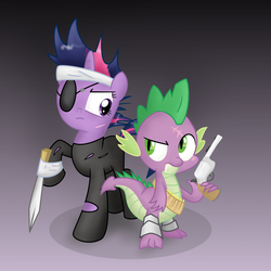 Size: 2000x2000 | Tagged: safe, artist:041744, spike, twilight sparkle, dragon, pony, unicorn, g4, it's about time, clothes, duo, eyepatch, female, future twilight, gradient background, gun, handgun, high res, hoof blades, hooves, horn, mare, revolver, weapon