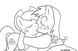 Size: 1000x660 | Tagged: safe, artist:caluriri, applejack, big macintosh, earth pony, pony, g4, applecest, duo, incest, kiss on the lips, kissing, lineart, male, monochrome, ship:applemac, shipping, stallion, straight