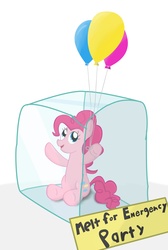 Size: 4701x7004 | Tagged: safe, artist:041744, pinkie pie, earth pony, pony, g4, absurd resolution, balloon, female, mare, sign, simple background, sitting, smiling, solo, white background