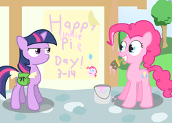 Size: 1366x973 | Tagged: safe, artist:041744, pinkie pie, twilight sparkle, earth pony, pony, unicorn, g4, duo, paint, paintbrush, pinkie pie day, twilight sparkle is not amused, unamused, unicorn twilight