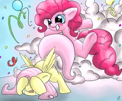 Size: 1200x1000 | Tagged: safe, artist:tesslashy, fluttershy, pinkie pie, g4, confetti, explosion, scared