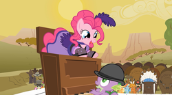 Size: 1280x713 | Tagged: safe, screencap, applejack, blues, bon bon, carrot top, cherry cola, cherry fizzy, chief thunderhooves, golden harvest, linky, little strongheart, meadow song, noteworthy, pinkie pie, rainbow dash, sheriff silverstar, shoeshine, spike, sweetie drops, twilight sparkle, bison, buffalo, dragon, earth pony, pegasus, pony, g4, over a barrel, clothes, female, male, mare, musical instrument, piano, puffy sleeves, saloon dress, saloon pinkie, stallion, stockings, unnamed buffalo, unnamed character, you gotta share