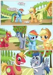 Size: 1024x1447 | Tagged: safe, artist:bbmbbf, applejack, big macintosh, rainbow dash, oc, earth pony, pony, comic:pinky's porntastic party, equestria untamed, g4, apple, apple tree, applejack's hat, comic, cowboy hat, hat, lidded eyes, male, palcomix, shocked, spread wings, stallion, tree, wings