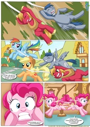 Size: 1024x1447 | Tagged: safe, artist:bbmbbf, applejack, big macintosh, pinkie pie, rainbow dash, oc, earth pony, pony, comic:pinky's porntastic party, equestria untamed, g4, comic, dragging, flying, hoof on cheek, male, palcomix, stallion