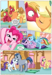Size: 1024x1456 | Tagged: safe, artist:bbmbbf, applejack, big macintosh, fluttershy, pinkie pie, rainbow dash, rarity, twilight sparkle, oc, earth pony, pegasus, pony, unicorn, comic:pinky's porntastic party, equestria untamed, g4, blushing, butt, canon x oc, comic, eyes closed, female, incest, kiss on the lips, kissing, lesbian, lying down, male, mane six, mare, missing cutie mark, missing wing, nuzzling, on back, palcomix, plot, ship:applemac, ship:twidash, stallion, straight, surprise kiss, surprised