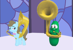 Size: 697x480 | Tagged: source needed, safe, beauty brass, g4, awkward, crossover, gala, larry the cucumber, musical instrument, sousaphone, veggietales
