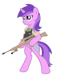 Size: 777x1027 | Tagged: safe, artist:amethyst-star-mlp, amethyst star, sparkler, pony, unicorn, g4, bipedal, body armor, cutie mark, dexterous hooves, female, flak jacket, gun, hooves, horn, m110 sass, mare, navy, optical sight, rifle, simple background, sniper, sniper rifle, solo, teeth, text, transparent background, weapon