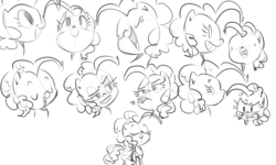 Size: 1280x768 | Tagged: safe, artist:tess, pinkie pie, earth pony, pony, g4, facial expressions, female, mare, monochrome, sketch, sketch dump, solo