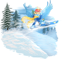 Size: 1399x1341 | Tagged: safe, artist:kittehkatbar, rainbow dash, pegasus, pony, g4, clothes, female, goggles, scarf, simple background, snow, snowboard, solo, transparent background, winter