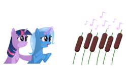 Size: 3225x1833 | Tagged: safe, artist:saturdaymorningproj, trixie, twilight sparkle, pony, unicorn, g4, cattails, duo, duo female, female, happy, horn, mare, music, reeds, simple background, smiling, transparent background, unicorn twilight