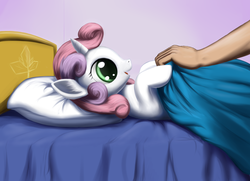 Size: 1200x870 | Tagged: safe, artist:sokolas, sweetie belle, human, pony, unicorn, g4, arm, bed, cute, female, hand, open mouth, pillow, tucking in