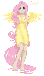 Size: 703x1200 | Tagged: safe, artist:aphexangel, fluttershy, human, g4, clothes, dress, humanized, solo, tailed humanization, winged humanization