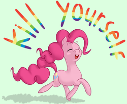 Size: 900x742 | Tagged: safe, pinkie pie, earth pony, pony, g4, dissonant caption, eyes closed, female, kill yourself, open mouth, simple background, smiling, solo, subversive kawaii, text