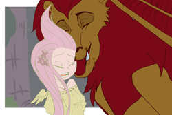 Size: 1350x900 | Tagged: safe, artist:ideal-idiosyncrasies, fluttershy, manny roar, manticore, friendship is magic, g4, humanized, licking, monster, winged humanization