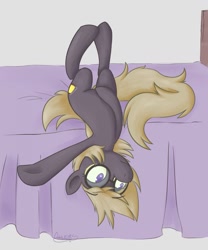 Size: 1067x1280 | Tagged: safe, artist:owl-eyes, oc, oc only, oc:lily amberglow, oc:owl-eyes, bed, glasses, upside down