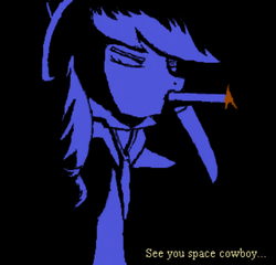 Size: 514x493 | Tagged: safe, applejack, g4, cigarette, cowboy bebop, see you space cowboy, space cowboy