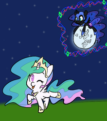 Size: 433x491 | Tagged: dead source, safe, artist:darkponysoul, artist:mt, nightmare moon, princess celestia, pony, g4, colored, moon, silly, silly pony