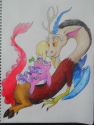 Size: 768x1024 | Tagged: safe, artist:lucyspicystrawberry, discord, screwball, g4, daddy discord, hat, propeller hat, swirly eyes, traditional art