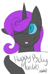 Size: 626x960 | Tagged: safe, oc, oc only, oc:nyx, happy birthday, marduk kirck