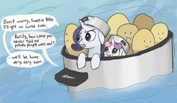 Size: 1200x700 | Tagged: safe, artist:spicyhamsandwich, rarity, sweetie belle, g4, context is for the weak, pot, potato, wat