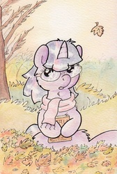 Size: 734x1090 | Tagged: safe, artist:slightlyshade, twilight sparkle, pony, g4, autumn, female, glasses, leaves, solo, traditional art