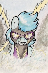 Size: 728x1118 | Tagged: safe, artist:slightlyshade, nightshade, pegasus, pony, g4, bust, clothes, costume, female, goggles, grin, mare, shadowbolts, shadowbolts costume, smiling, solo, traditional art