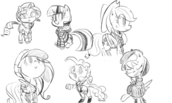 Size: 1750x1050 | Tagged: safe, artist:tess, applejack, fluttershy, pinkie pie, rainbow dash, rarity, twilight sparkle, earth pony, pegasus, pony, unicorn, g4, clothes, female, mare, monochrome, winter