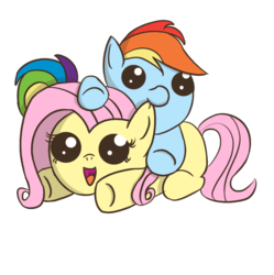 Size: 892x895 | Tagged: safe, artist:dexiom, fluttershy, rainbow dash, g4, blank flank, cute, ear bite, filly, nom