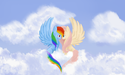 Size: 2500x1500 | Tagged: safe, artist:thelukestir, fluttershy, rainbow dash, g4, female, lesbian, ship:flutterdash, shipping, wingboner