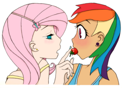 Size: 1967x1413 | Tagged: safe, artist:jessiekuh292, fluttershy, rainbow dash, human, g4, female, humanized, lesbian, ship:flutterdash, shipping, strawberry